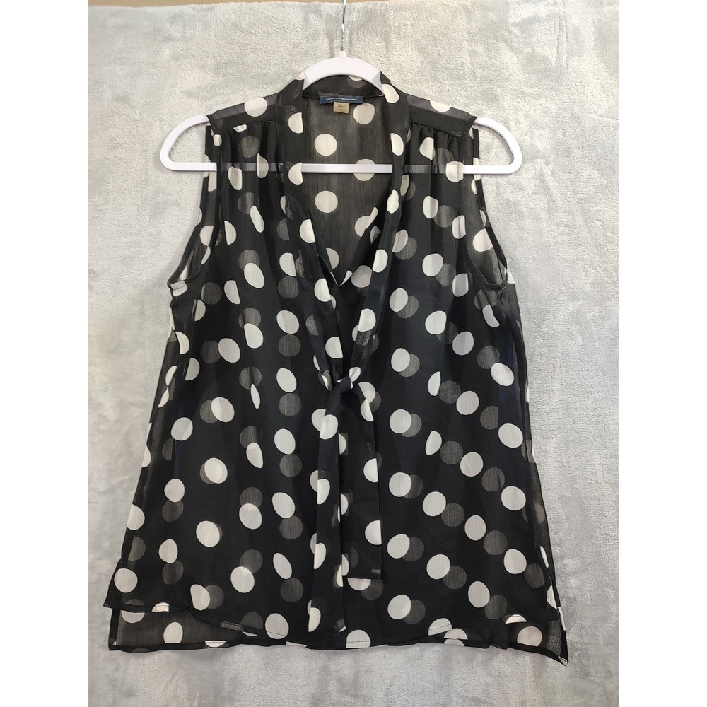 Tommy Hilfiger Black White Polka Dot Tie Neck Sleeveless Blouse Medium
